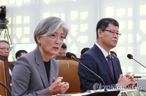 국정감사장에서 질의에 답변하고 있는 강경화 장관(사진=연합뉴스)